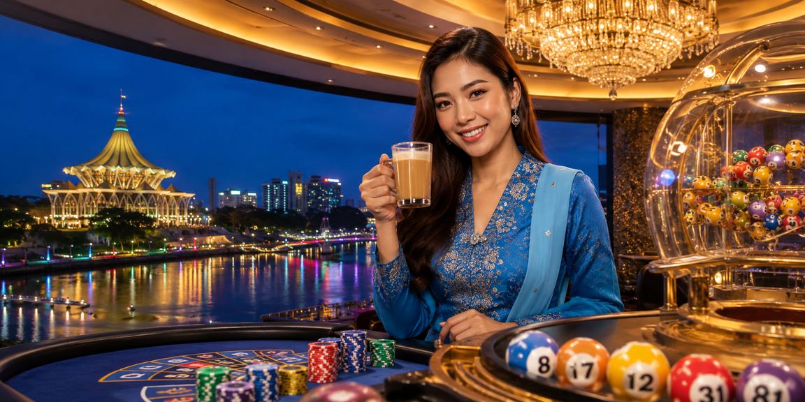 Pemain lotri di Kuching Sarawak berpakaian baju kurung menikmati permainan dalam talian